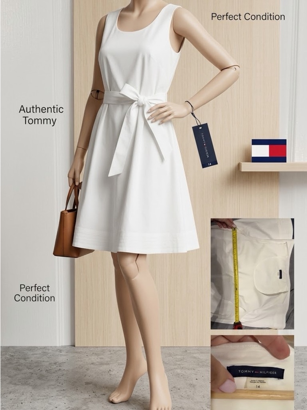 ⁠TOMMY HILFIGER White Sleeveless Belted Fit & Flare Dress Size 14
